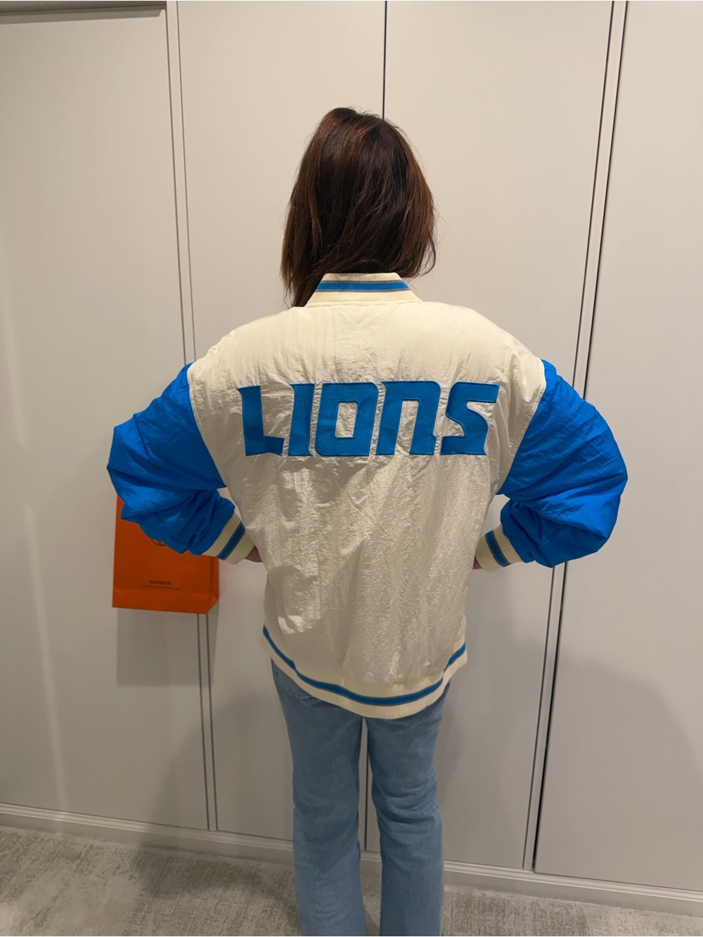 Terez Cream and Blue LIONS Varsity Jacket